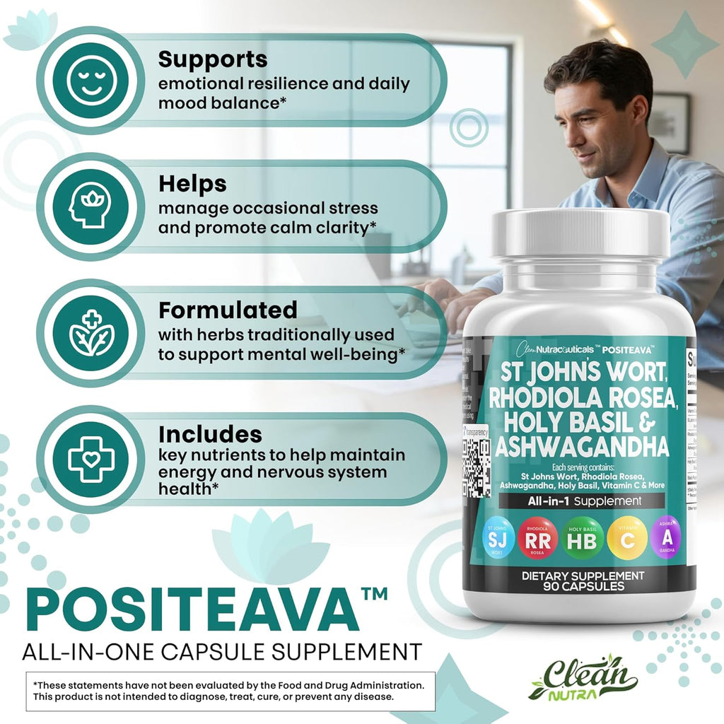 Clean Nutraceuticals St Johns Wort Rhodiola Rosea Holy Basil Ashwagandha - Mood Support for Women and Men with Vitamin C & Black Pepper Extract - 90 Caps
