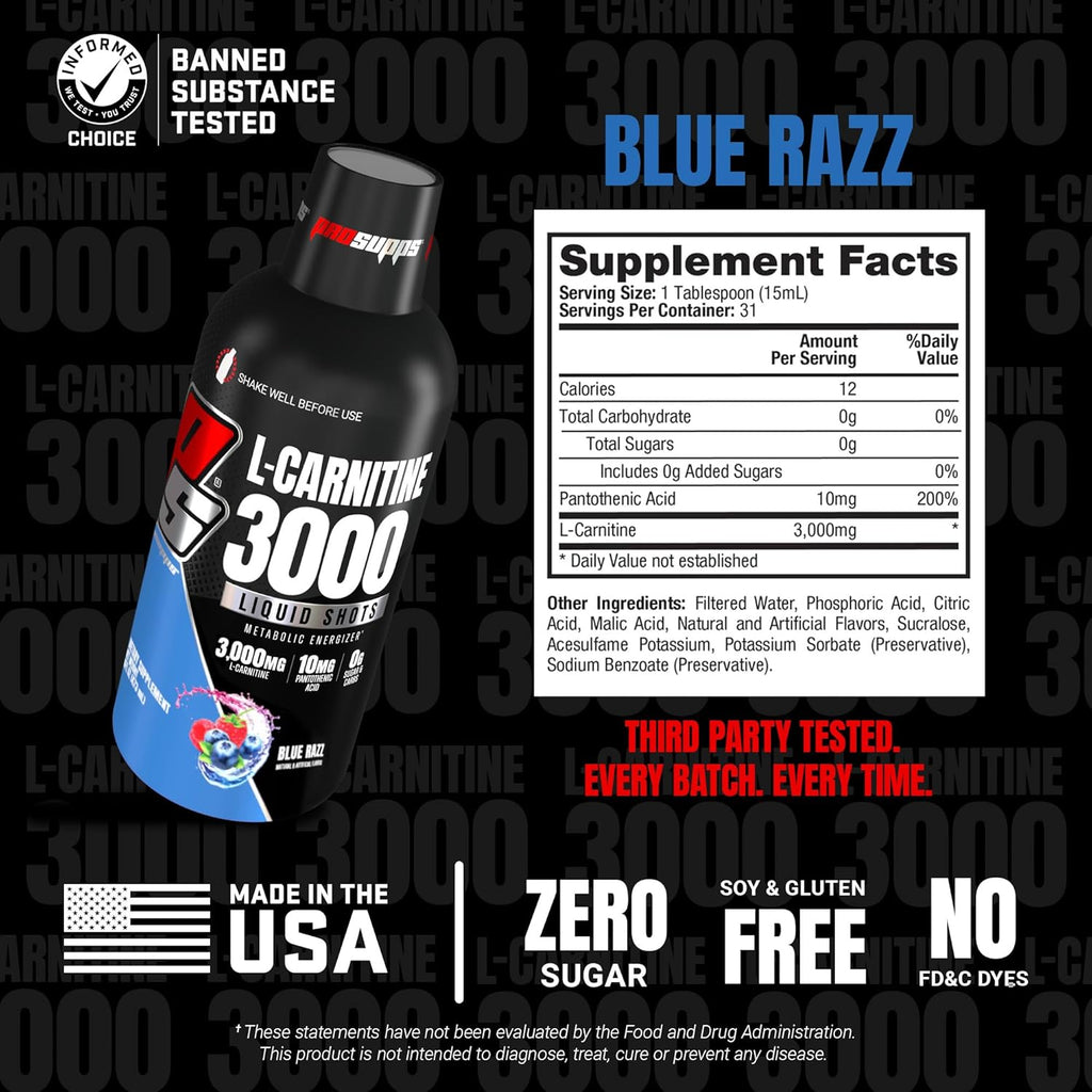 PROSUPPS L-Carnitine Liquid 3000, Stimulant-Free Liquid Shots for Men & Women - Clean Workout Drink for Energy, Performance & Muscle Recovery - No Sugar, No Carbs - 31 Servings, Blue Razz