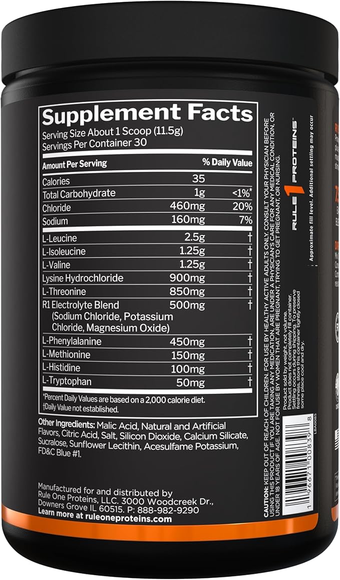 Rule 1 Essential Amino 9 – Recovery & Hydration Support with 7.5g of Essential Amino Acids + Electrolytes (30 Servings, Blue Razz Lemonade)