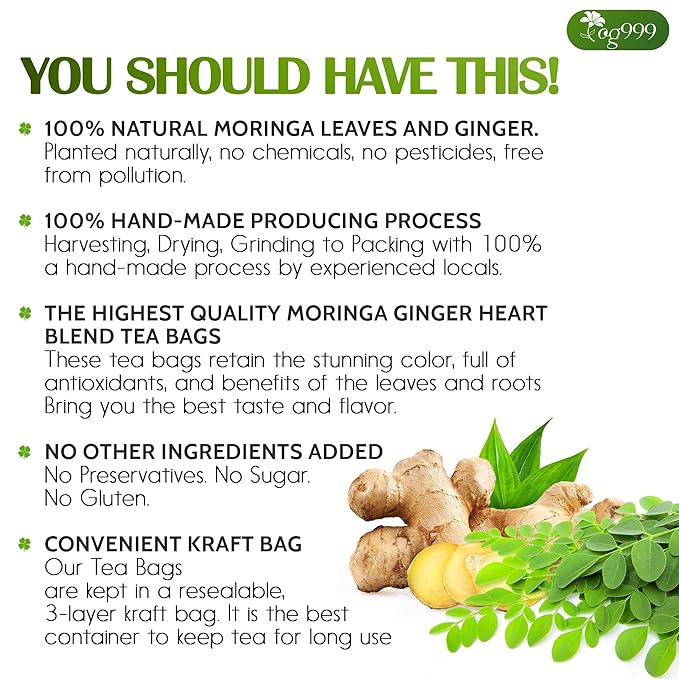 TOG999, Permium Moringa Ginger Herbal Tea – 120 Tea Bags – Caffeine-Free, Smooth & Warming Blend – Pure Ingredients, Sustainably Sourced. No Sugar. No Gluten. Vegan.