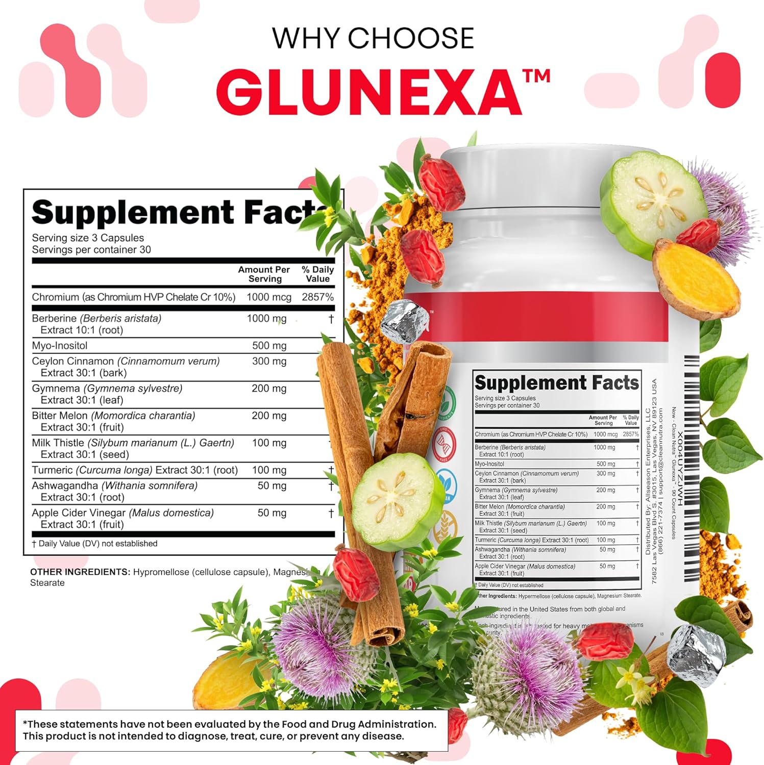 Glunexa Berberine GLP1 Support Supplements Ceylon Cinnamon Apple Cider Vinegar Chromium Myo-Inositol Bitter Melon Milk Thistle Ashwagandha Turmeric - 90 Capsules by Clean Nutra