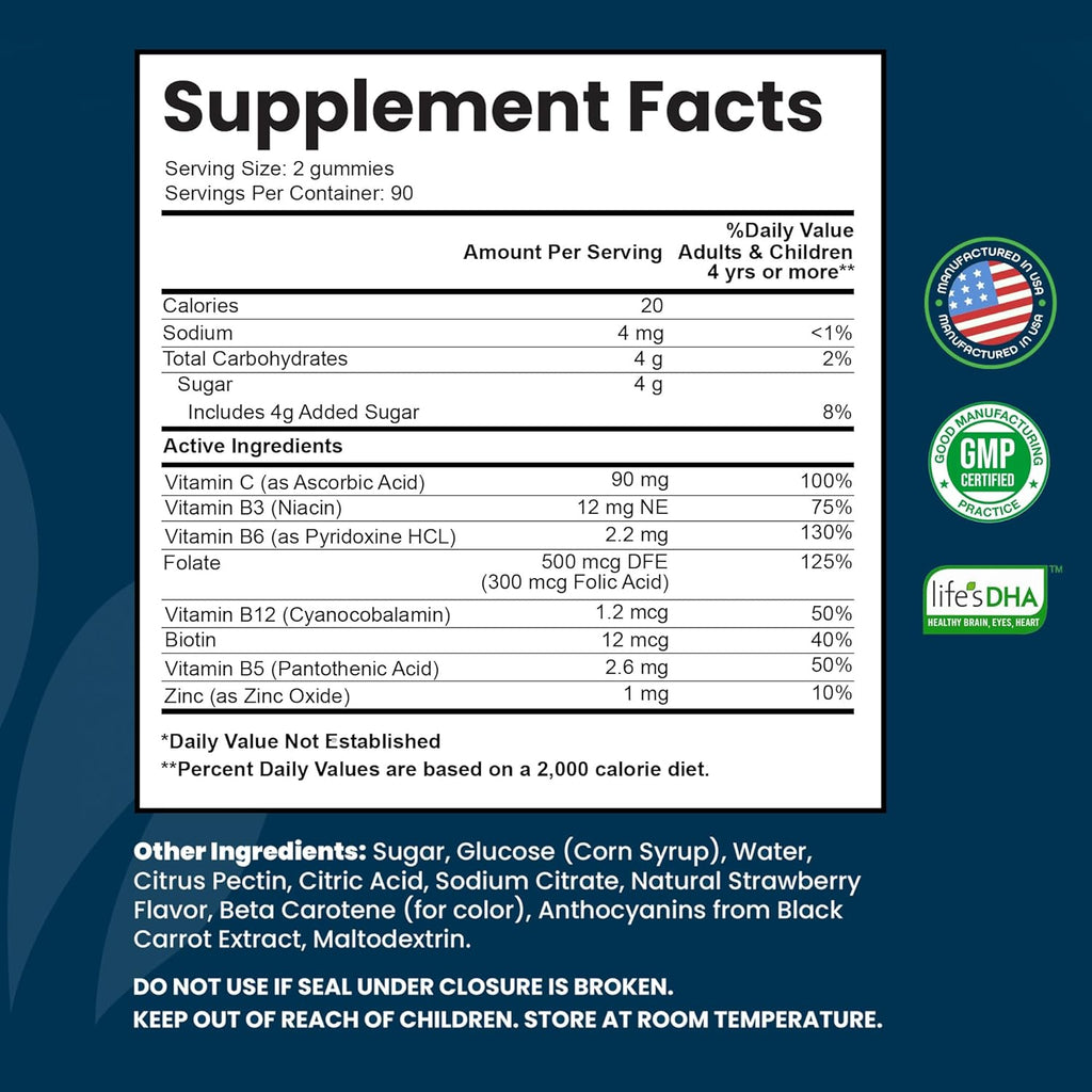 Vitamin B Complex Gummies for Adults, B Complex Vitamin Supplement for Women and Men, B Vitamins Complex Gummies for Energy and Brain Health, Natural Strawberry Flavor, 180 Count
