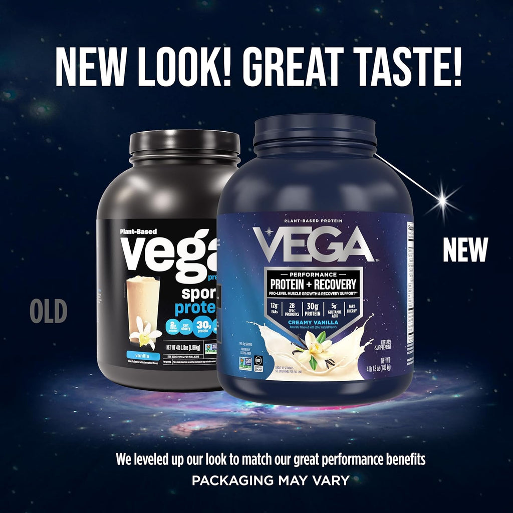 Vega Sport Vegan Protein Powder + Recovery - 30g Plant Based Protein per Serving, Vanilla, 45 Servings, 5g BCAAs, Probiotics, NSF Certified, For Shakes & Smoothies, 4.1lbs (Packaging May Vary)