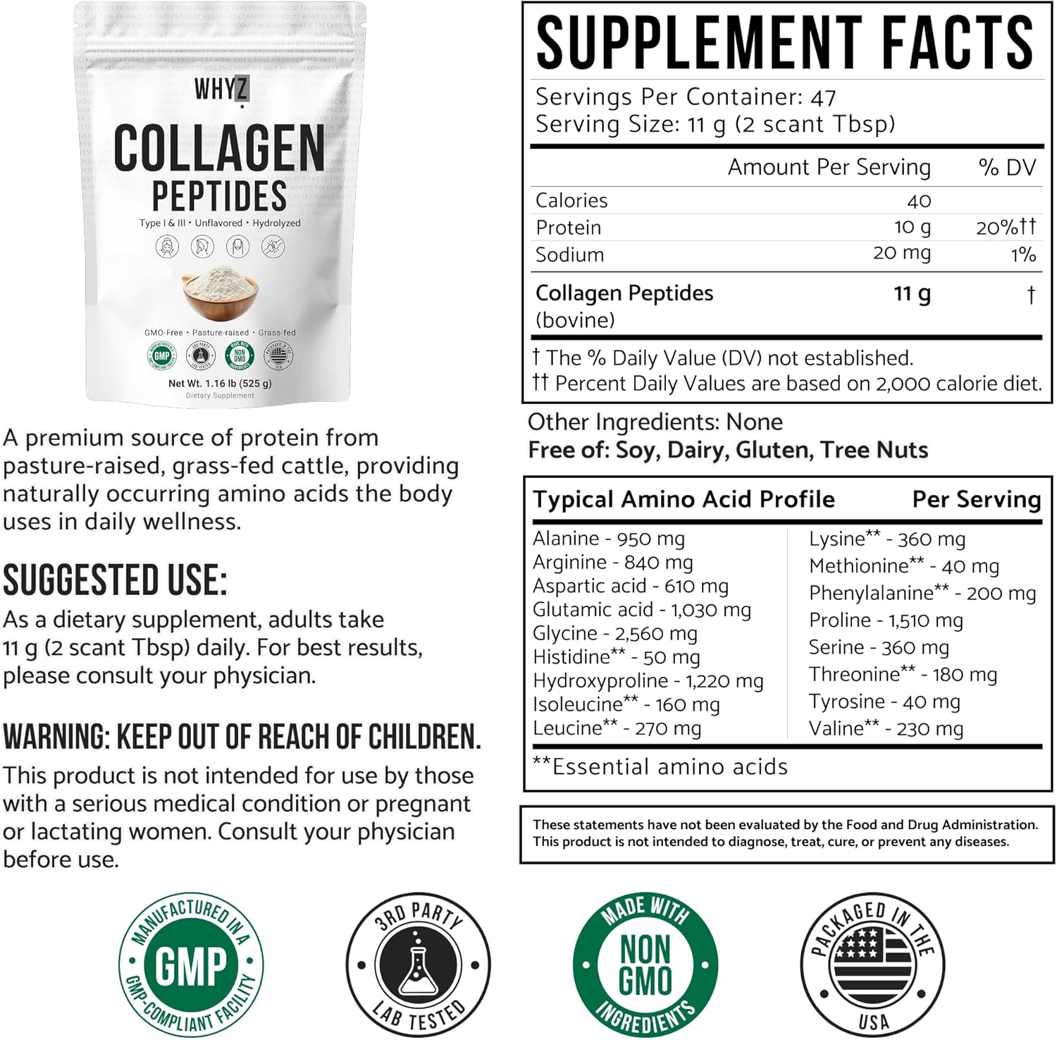 Bovine Collagen Peptides Powder Hydrolyzed Type I & III Protein, Grass-Fed Pasture-Raised Source, Unflavored Collagen Supplement Paleo-Friendly For Active Lifestyles & Wellness Non-GMO,1.16 lbs (525g)