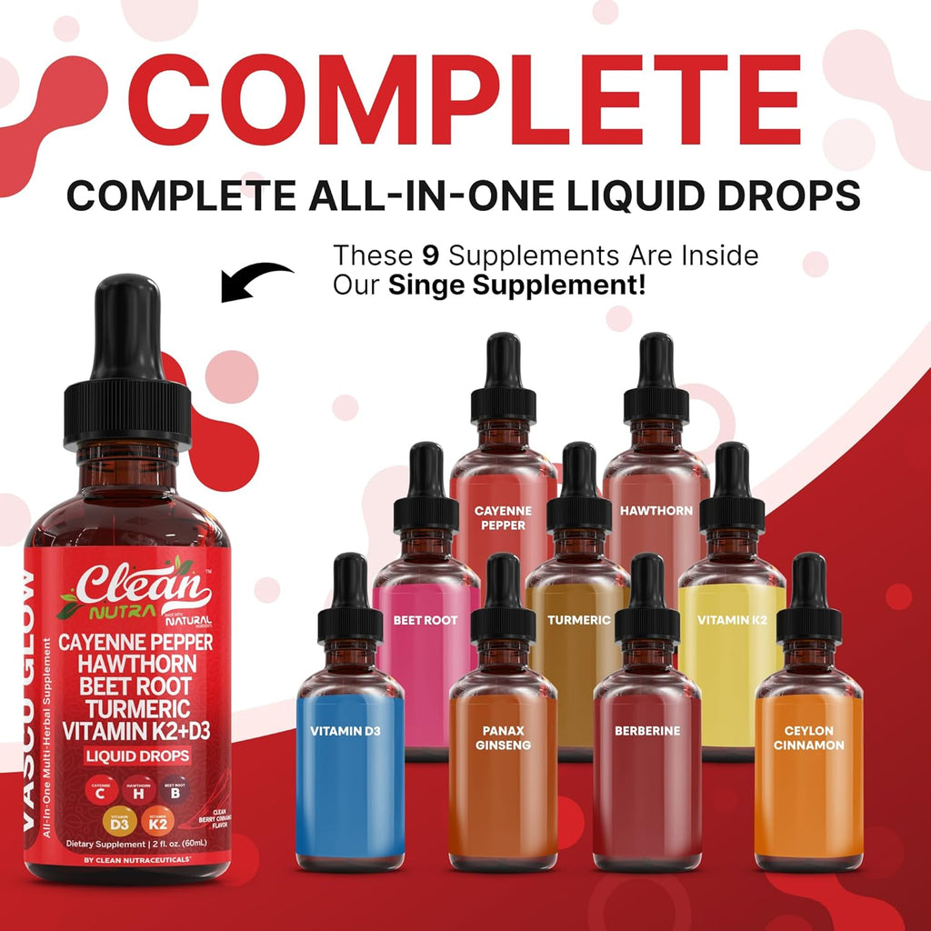 Clean Nutra Cayenne Pepper Drops Supplement Liquid + Hawthorn Berry, Vitamin D3 K2 Beet Root Powder, Ceylon Cinnamon, Turmeric Curcumin, Organic Panax Ginseng, Berberine Extract Organic (2)