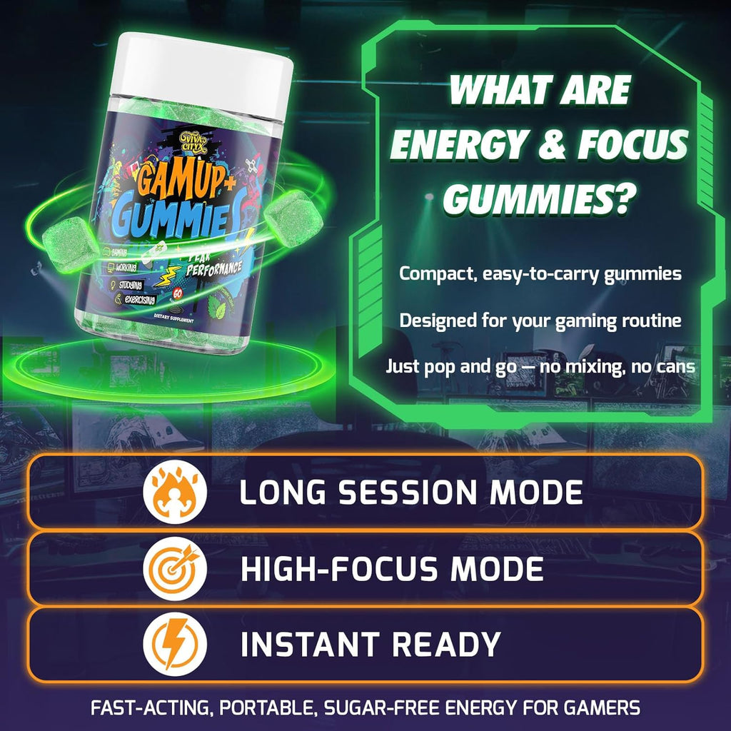 Energy and Focus Gummies - Natural Caffeine Nootropics Supplement - Brain, Eye, and Bone Complex - Sugar-Free Peppermint - for Gamers, Workers, and Active Lifestyles - 60 Gummies