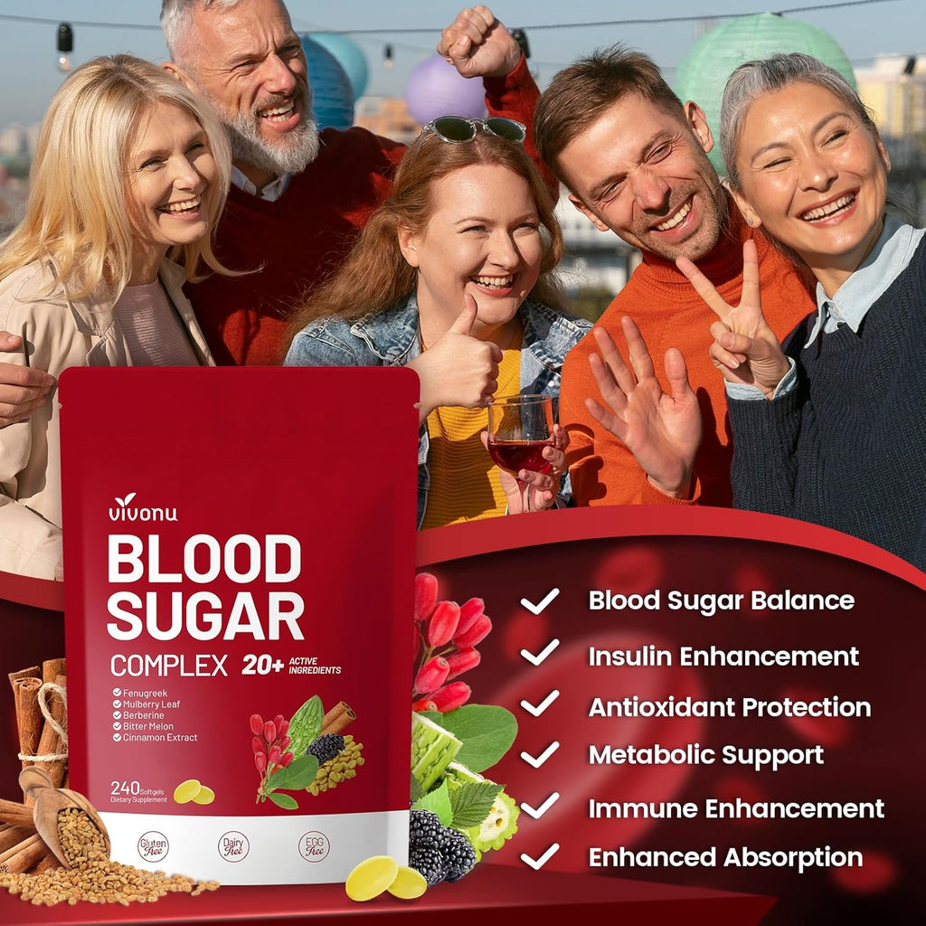 VivoNu Blood Sugar Complex Supplement | Advanced Formula with 20 Herbs and Vitamins with Cinnamon, Turmeric, Black Pepper, Licorice and More, Vegan, Non-GMO, Gluten-Free (720 Softgels-3 Bag)