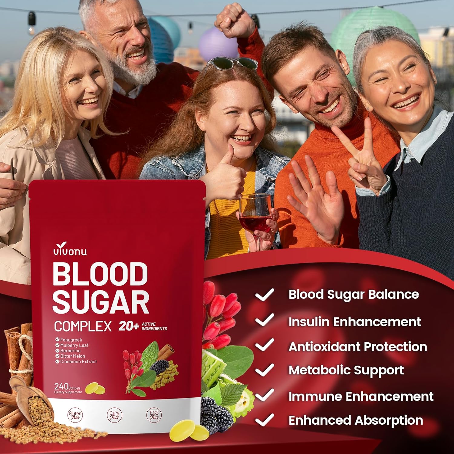 VivoNu Blood Sugar Complex Supplement | Advanced Formula with 20 Herbs and Vitamins with Cinnamon, Turmeric, Black Pepper, Licorice and More, Vegan, Non-GMO, Gluten-Free