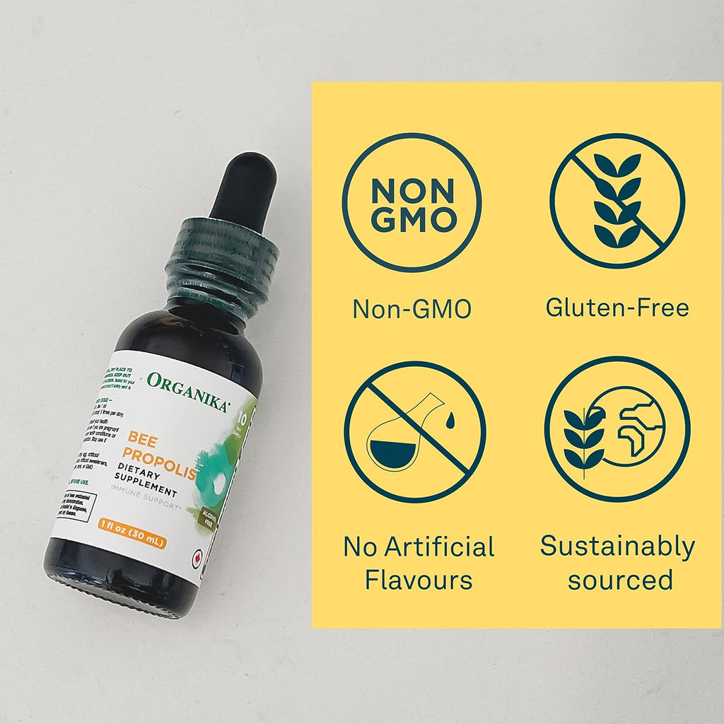 Organika Bee Propolis Tincture 1 oz: Vegan Propolis Extract - Throat and Breathing - Free of Gluten, GMO, & Artificial Flavors - 10 Day Prop Drops Supply