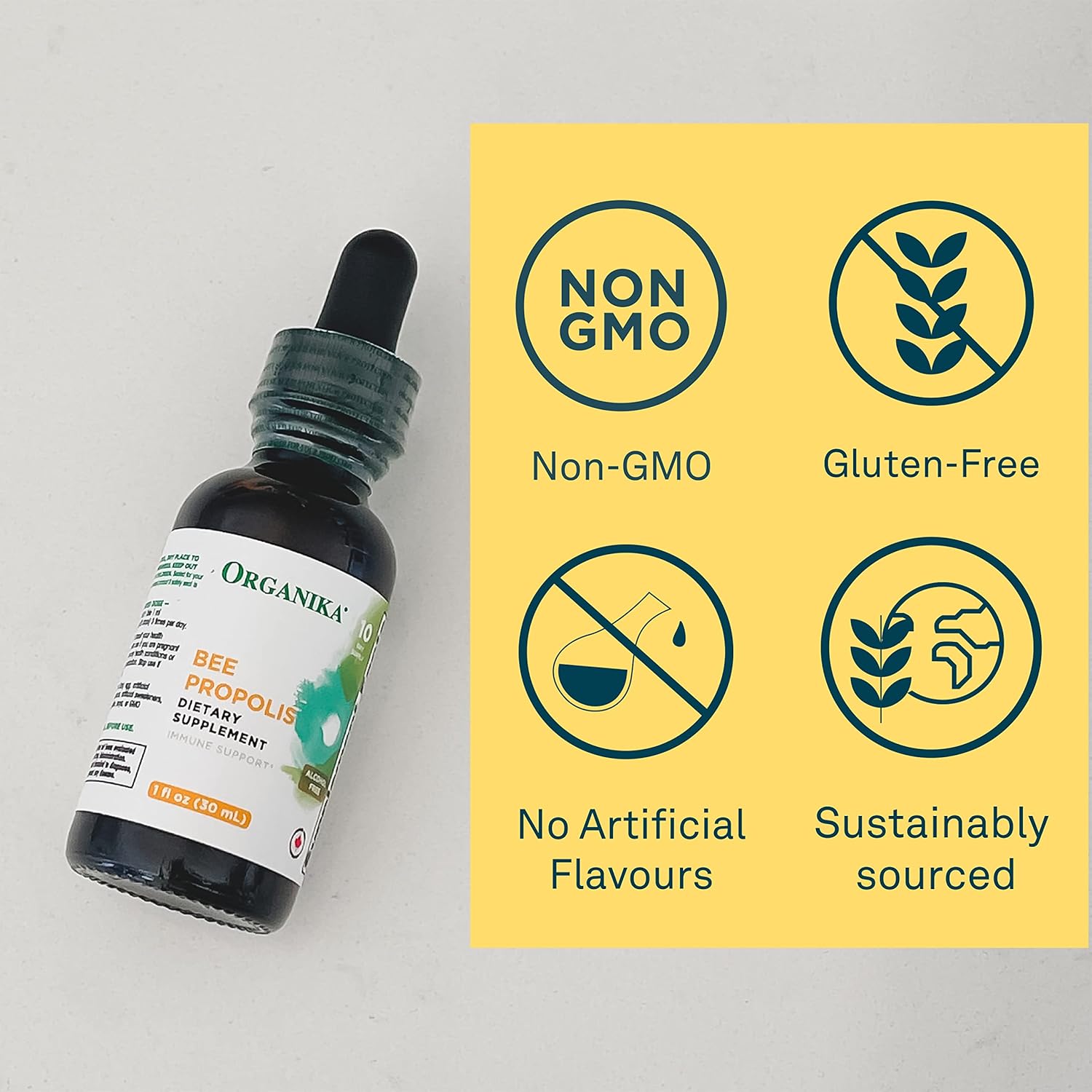 Organika Bee Propolis Tincture 1 oz: Vegan Propolis Extract - Throat and Breathing - Free of Gluten, GMO, & Artificial Flavors - 10 Day Prop Drops Supply