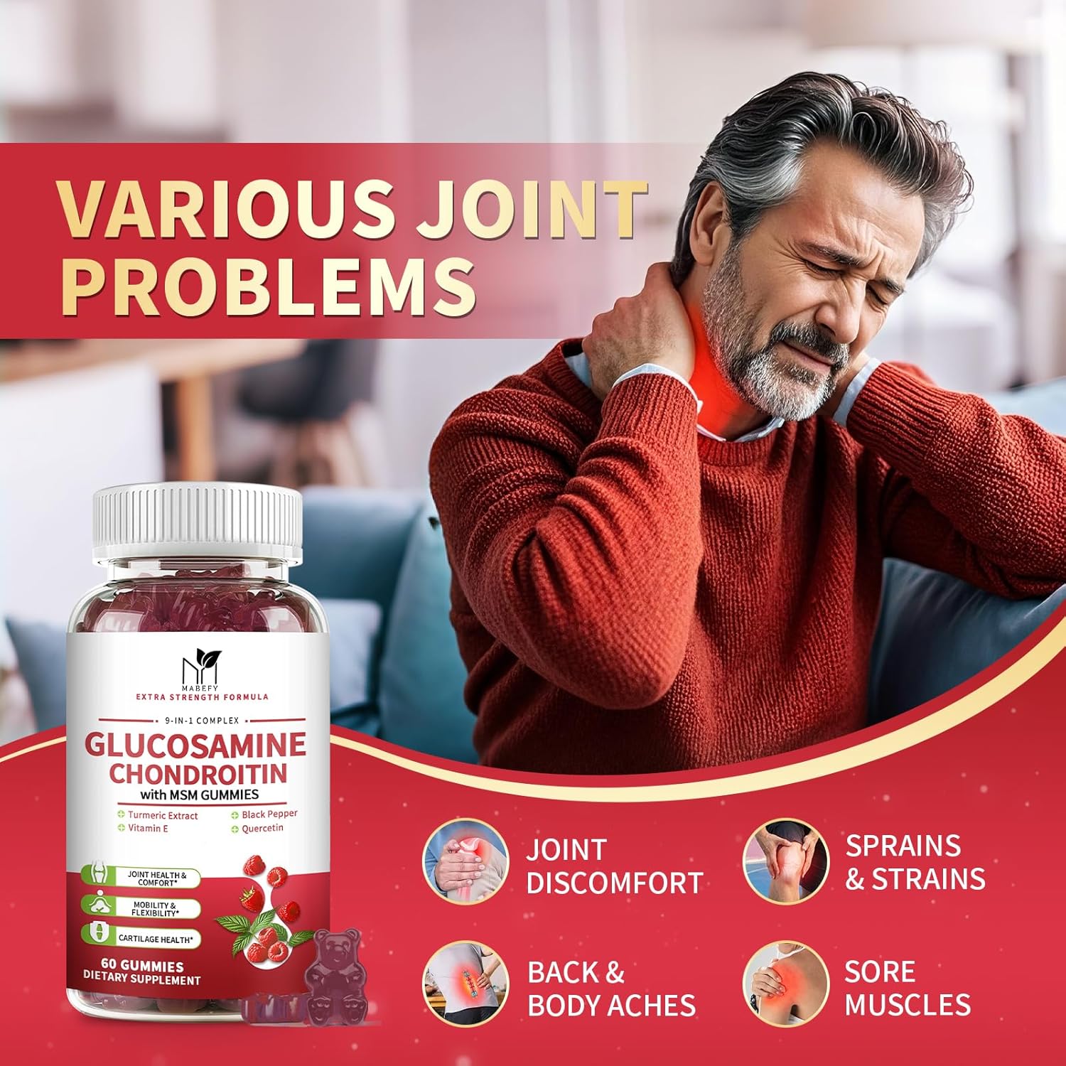 Glucosamine Chondroitin Gummies Triple Strength (1,000mg Glucosamine,750mg Chondroitin) with MSM, Turmeric, Quercetin, Vitamin E, Joint Support Supplement, Antioxidant 60 Gummies Raspberry Flavor