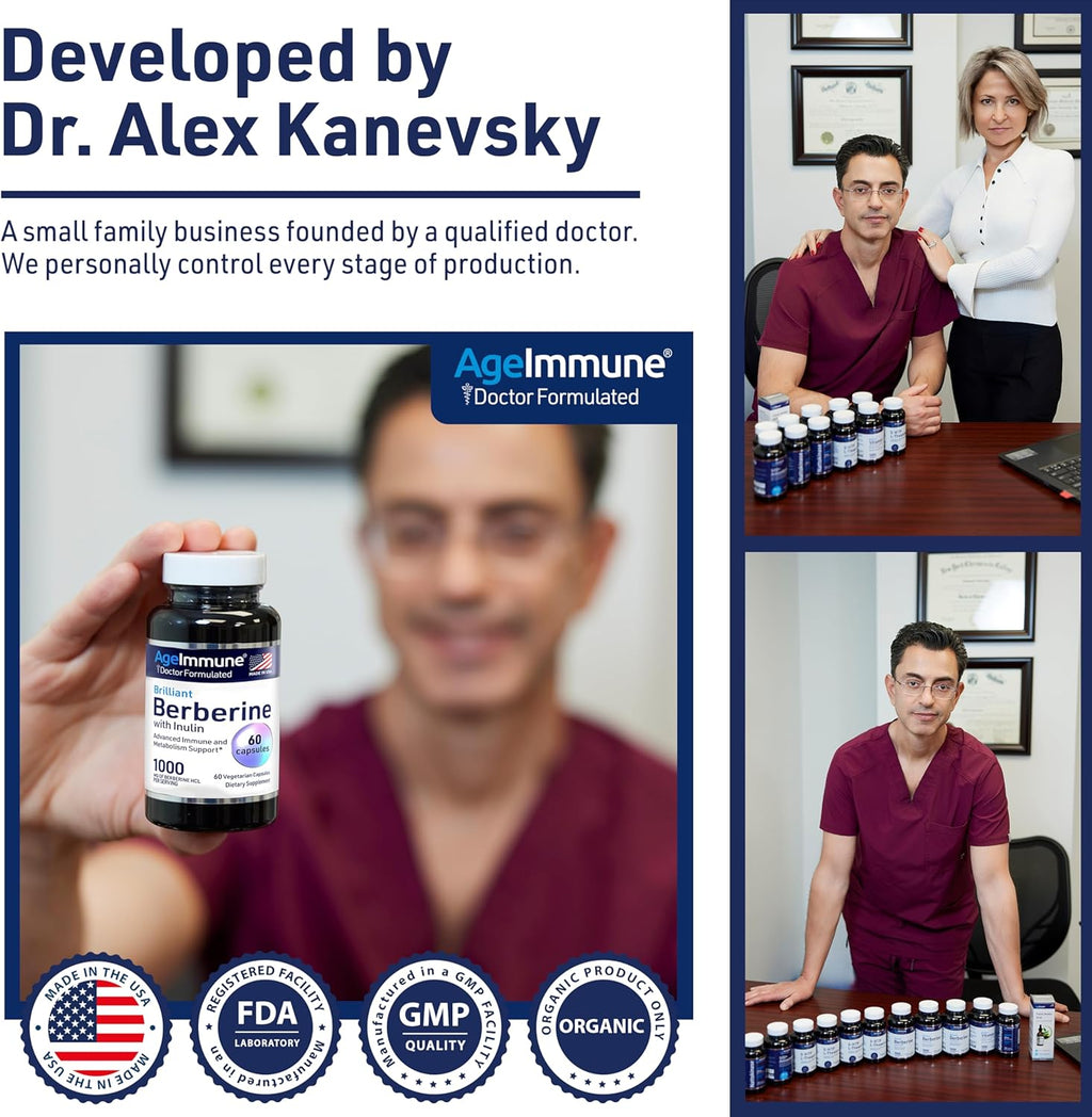 Berberine 1000mg Supplement Complex with Inulin Prebiotic - Berberine 500mg per Capsule - Doctor Formulated Supplements for High Absorption from a Doctor-Owned Brand.