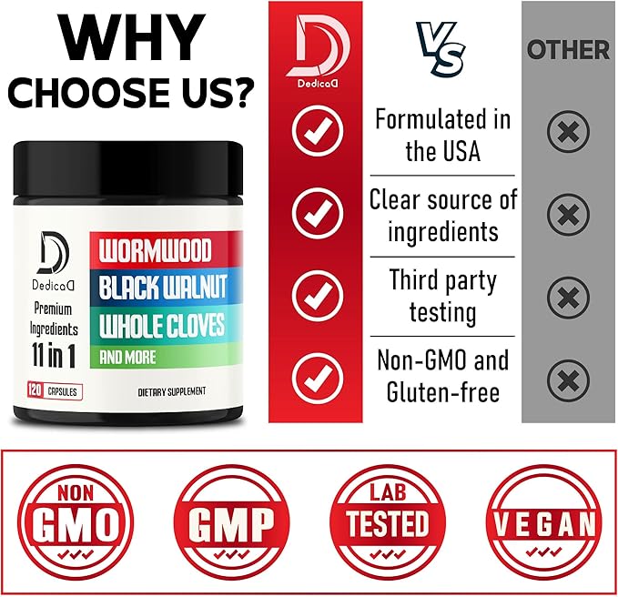 Wormwood Supplement - 120 Capsules Extracted from Black Walnut, Cloves, Turmeric, Apple, Berberine HCl & More - 11 Ingredients Combined for Immune System - 2-Month Supply
