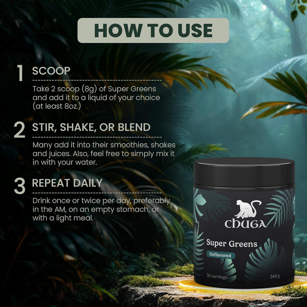 Chuga's Super Greens Powder – Organic Superfood Blend with Greens, Fruits & Probiotics – Boosts Energy, Detox, and Digestion – Vegan, Non-GMO, Gluten-Free, Keto Friendly - 30 Servings