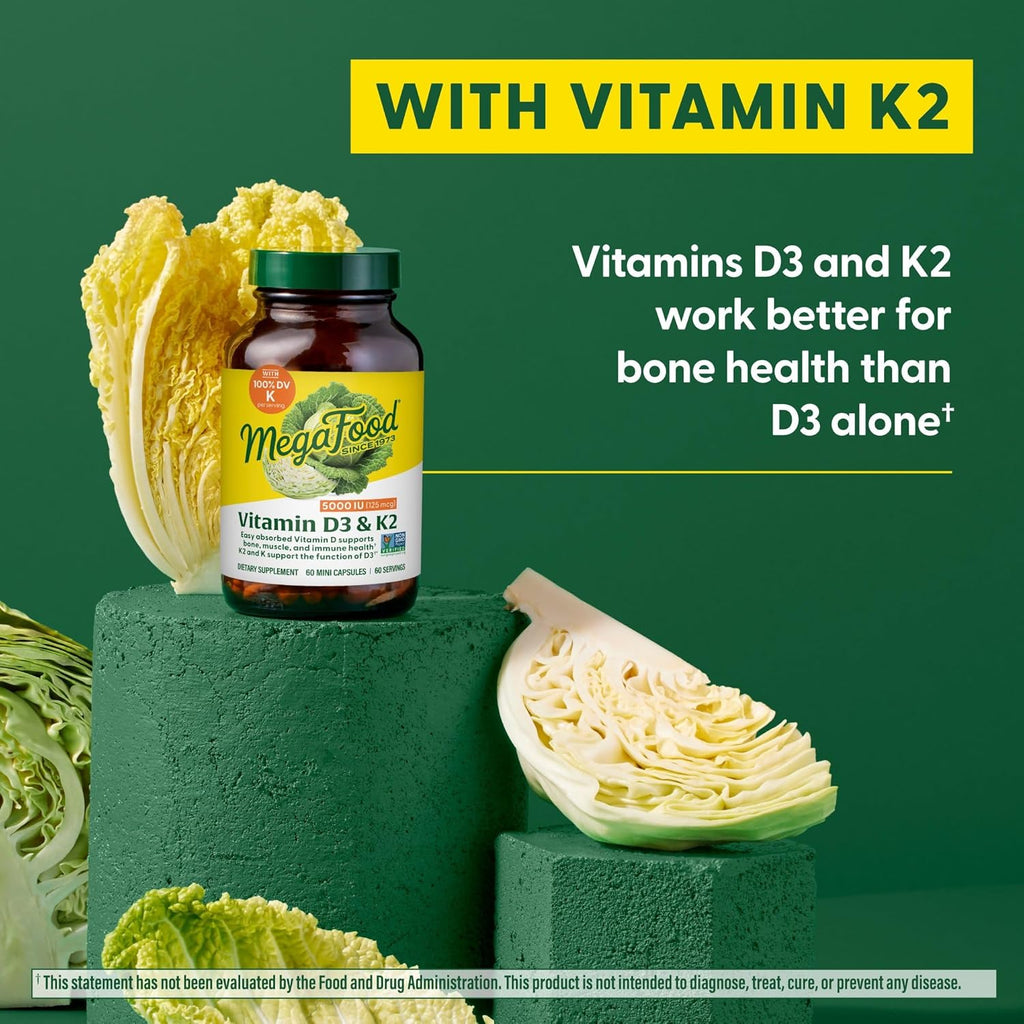 MegaFood Vitamin D3 5000 IU (125 mcg) - Vegetarian Supplements with Vitamin D3 K2 - Supports Bones, Teeth, Muscles & Immune Health - Certified Non-GMO - 60 Mini Capsules, 60 Servings