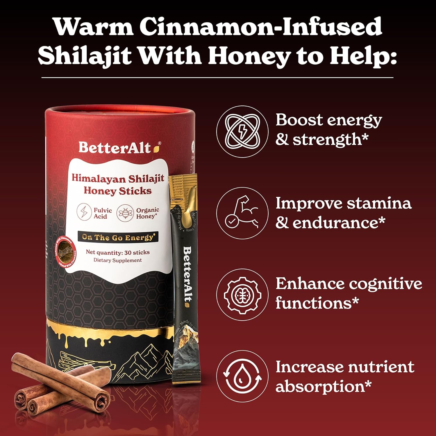 Pure Himalayan Shilajit Cinnamon Honey Sticks with Organic Honey | Easy to Consume Shilajit| 30 Sticks for Energy Boost & Immune Support, 85+ Trace Minerals, 75%+ Fulvic Acid