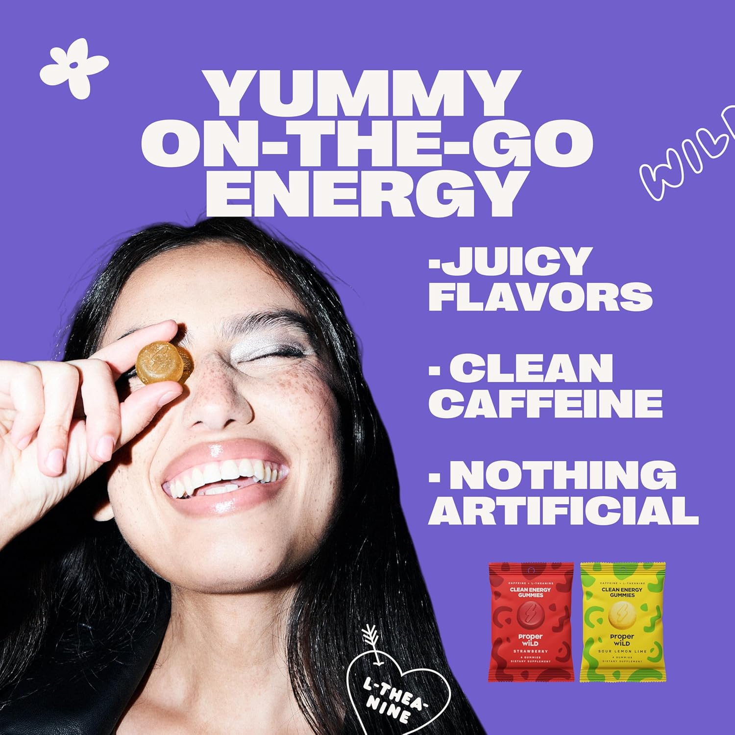 Proper Wild Vegan Energy Gummies with L-Theanine & Organic Caffeine, Clean Energy & Focus, Plant-Based, Gluten-Free, Non-GMO, Dairy-Free, Stevia-Free, Soy-Free, Sour Lemon Lime (10-Pack)