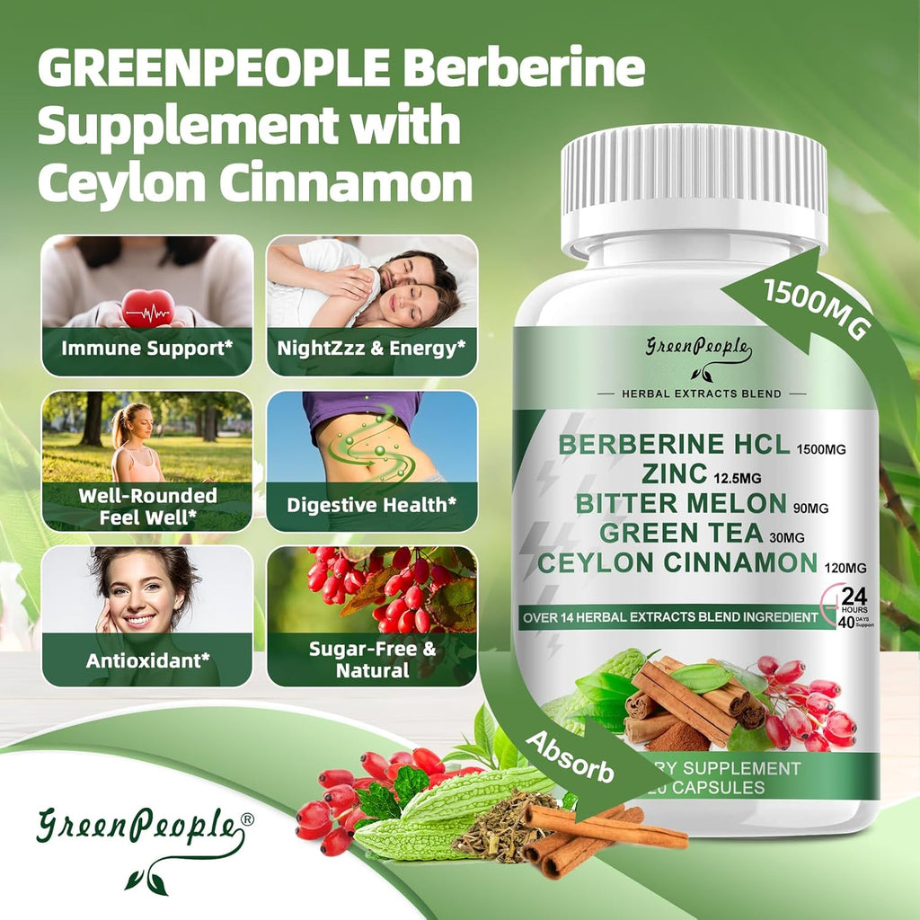 Berberine Supplement with Ceylon Cinnamon - Berberine 1500mg Activates AMPK & GLP-1 Berberine HCL Capsules with Bitter Melon/Artichoke Extracts & Natural Herbs for Immune Support 90 Count