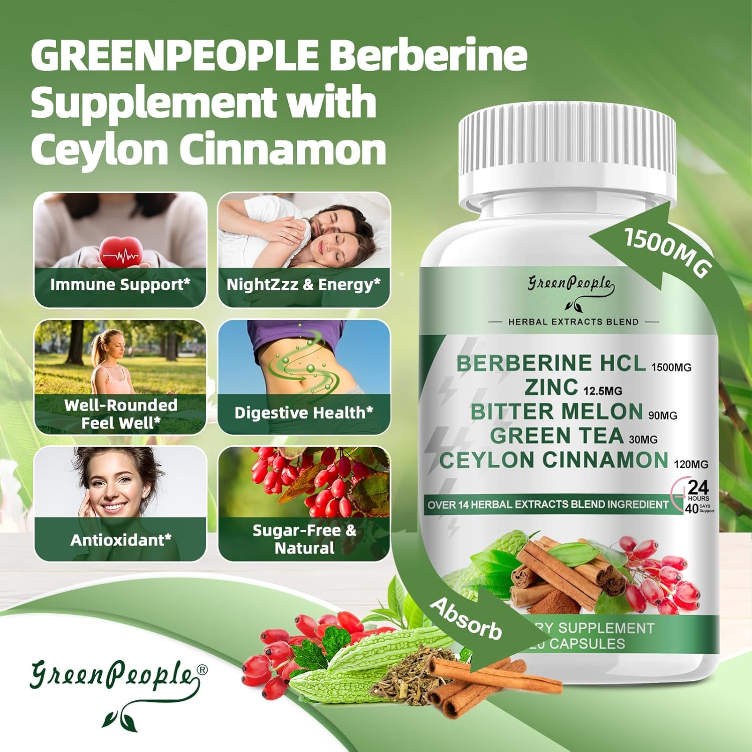 Berberine Supplement with Ceylon Cinnamon - Berberine 1500mg Activates AMPK & GLP-1 Berberine HCL Capsules with Bitter Melon/Artichoke Extracts & Natural Herbs for Immune Support 90 Count