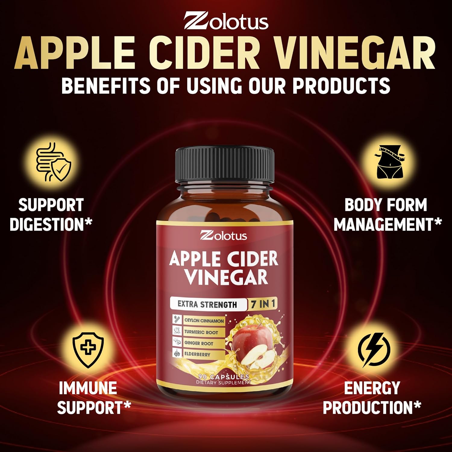 Zolotus 7 in 1 Apple Cider Vinegar Capsules, 3 Month Supply with Ceylon Cinnamon, Ginger Root, Turmeric, Elderberry for Supports Digestion, Immune, 90 Capsules