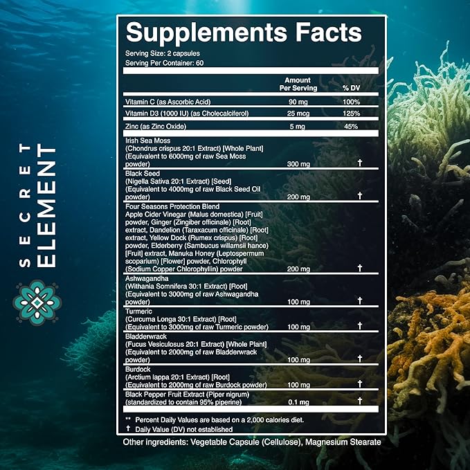 Secret Element Irish Sea Moss Black Seed Oil Ashwagandha Ginger, 20,000mg Capsules, Seamoss Black Seed Oil Ashwagandha Burdock Root, All in One Supplement, 120 Capsules, Pack of 2