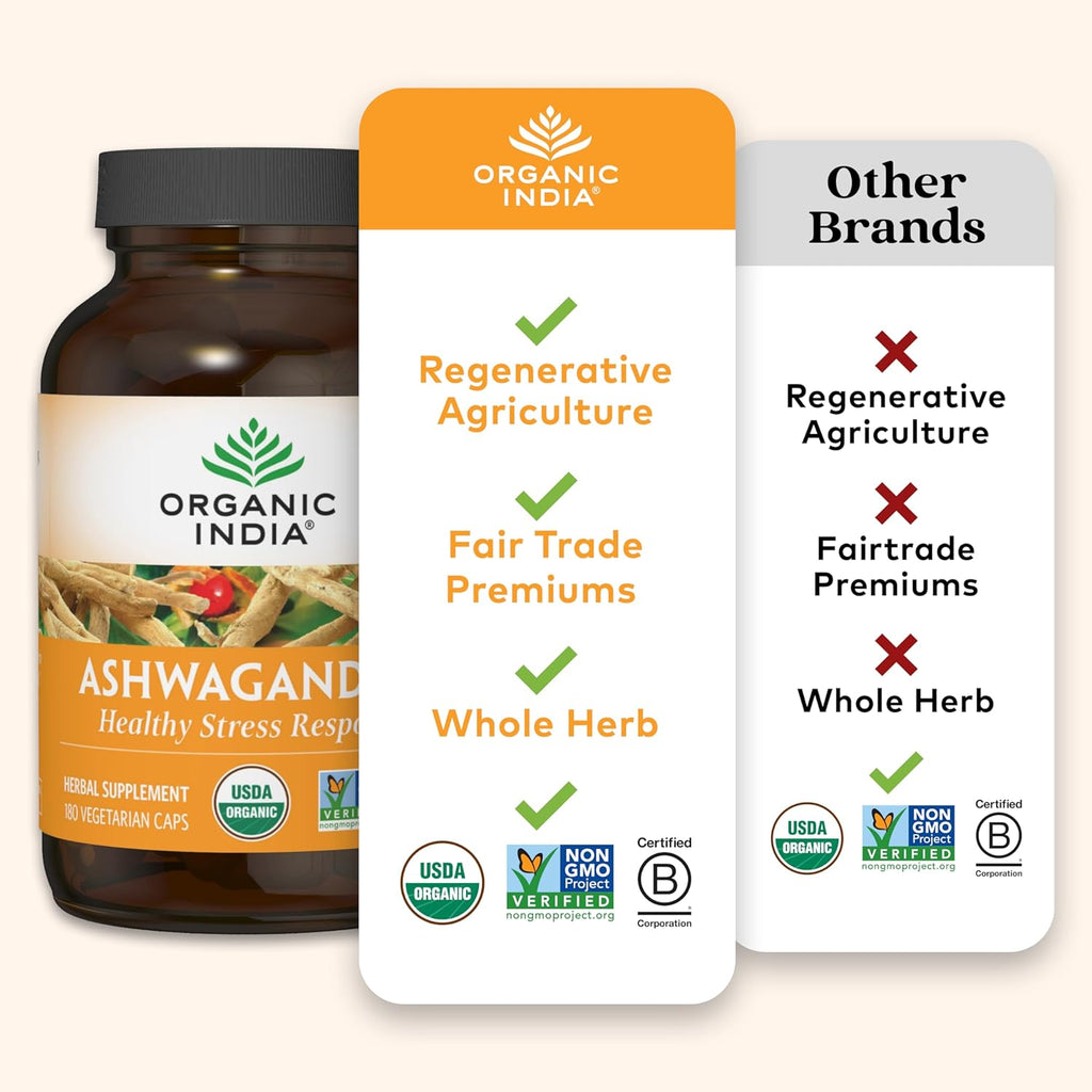 ORGANIC INDIA Ashwagandha Herbal Supplement - Stress Response Support, Vegan, Gluten-Free, Kosher, USDA Certified Organic, Non-GMO, Supports Mood, Endurance, Vitality & Strength - 180 Capsules