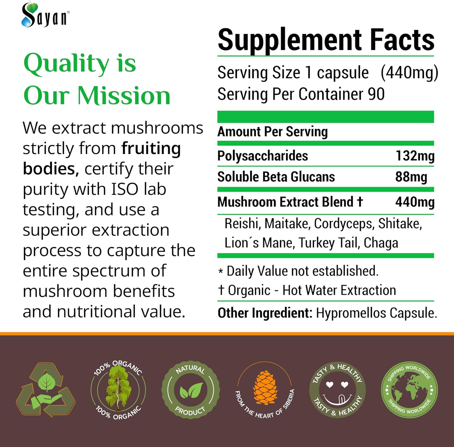 Sayan 7 Mushroom Extract 90 Capsules/440mg ea – Immune Support & Energy – Organic Chaga, Reishi, Lion's Mane, Maitake, Shiitake, Turkey Tail Adaptogen Blend – Vegan, Non-GMO, No Fillers or Additives
