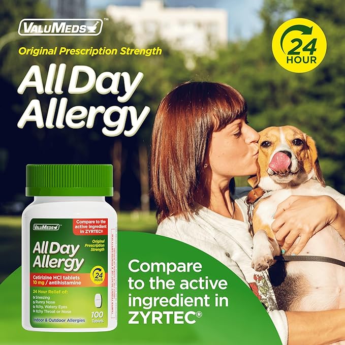 ValuMeds 24-Hour Allergy Medicine Antihistamine for Pollen, Hay Fever, Dry, Itchy Eyes, Allergies | Cetirizine HCl 10mg Caplets, Compare to Leading Brand (100 Count)