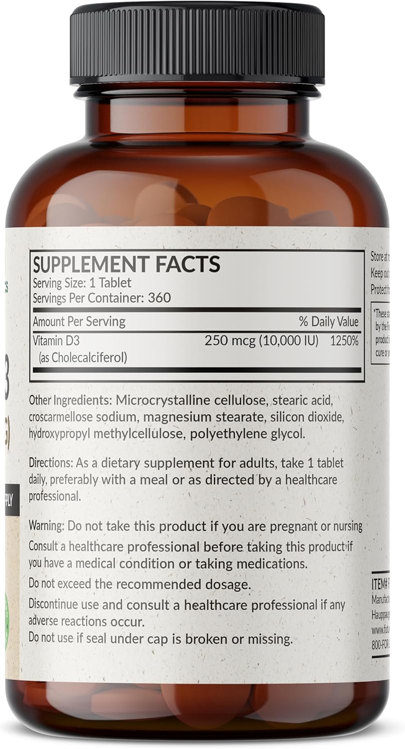 Futurebiotics Vitamin D3 10,000iu (250mcg) 360 Day Supply for Healthy Muscle Function and Immune Support, Non-GMO, 360 Tablets