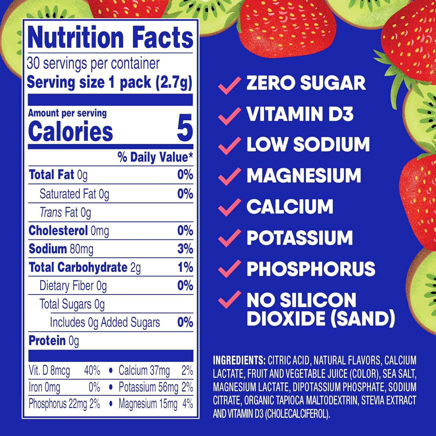 GoHydrate Instant Hydration Powder Packets - Low Sodium Electrolytes Drink Mix - Natural Hydration Support, Sugar Free Electrolyte Flavored Powder Drink with Vitamin D, 30 Packs, Kiwi Strawberry