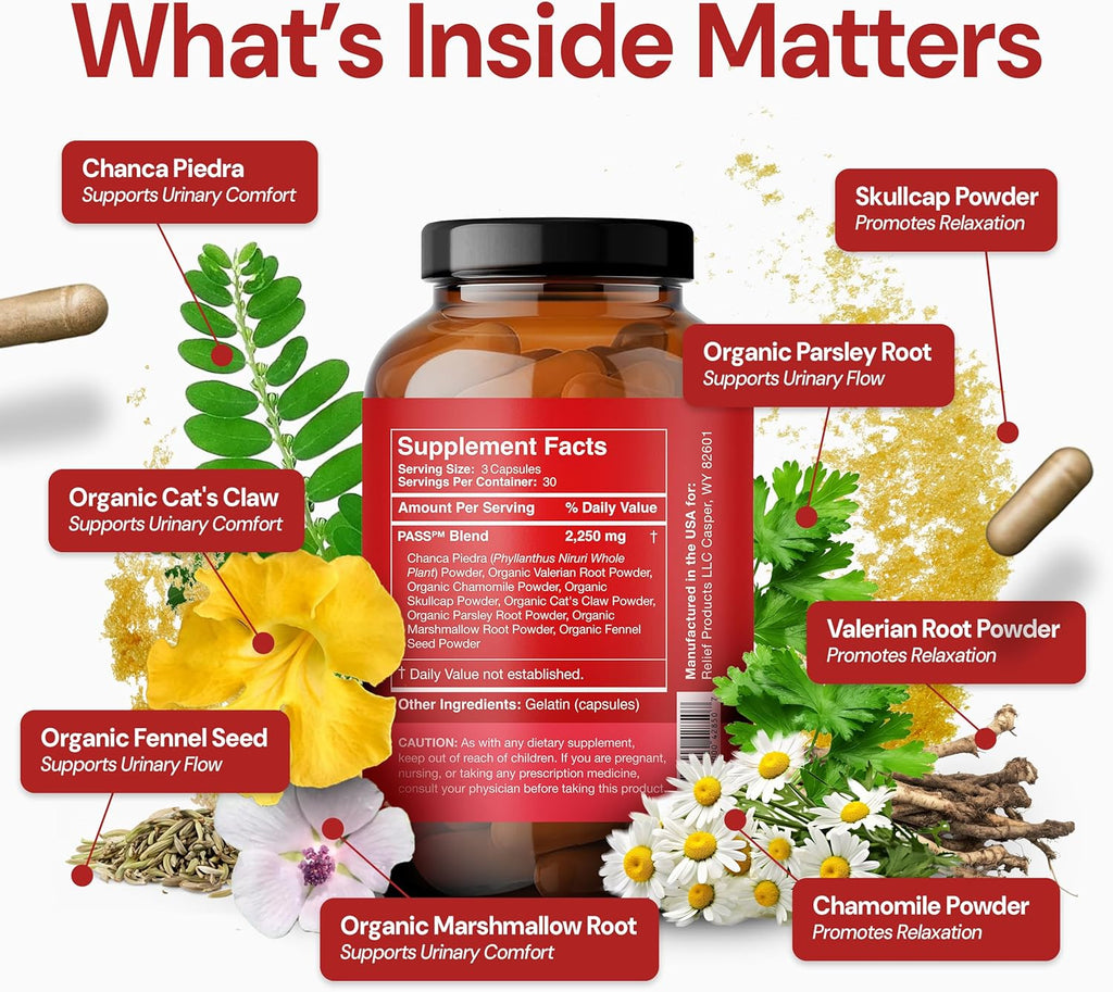 Pass PM – Nighttime Kidney Support Complex for Gentle Relief & Restful Sleep - Natural Dissolver - Herbal Formula with Chanca Piedra Stone Breaker, Valerian & Skullcap – 90 Capsules