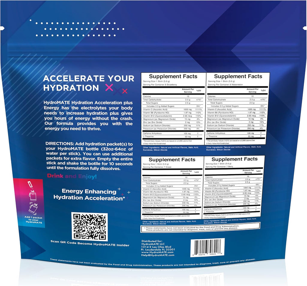 HydroMATE Electrolytes Powder Drink Mix Packets Hydration Accelerator Low Sugar Party Favors for Rapid Recovery Vitamin C Plus Caffeine Variety Pack 16 Sticks
