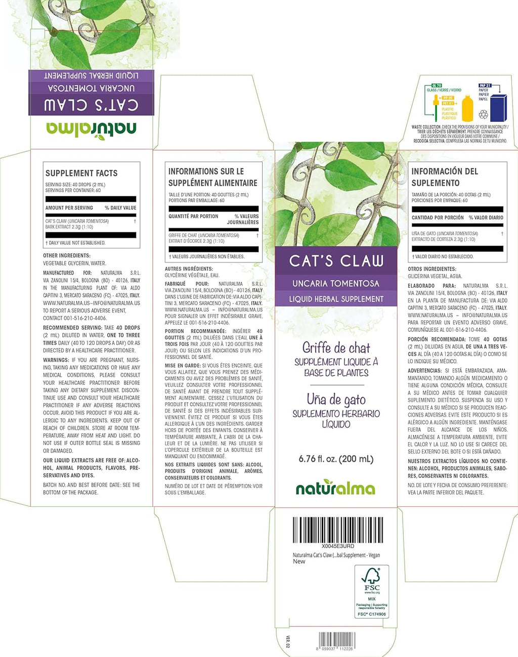 Naturalma Cat's Claw (Uncaria tomentosa) bark Alcohol-Free Tincture - 6.76 fl oz Liquid Extract in Drops - Herbal Supplement - Vegan