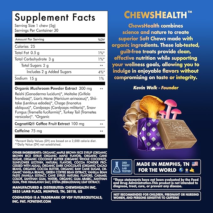 DynaMind iQ Chews - Best Brain Memory and Focus Supplement for Adults, Nootropic Supplement, Supports BDNF, Memory Booster – Natural Caffeine & Functional Mushrooms for Cognitive Performance, 30 Count