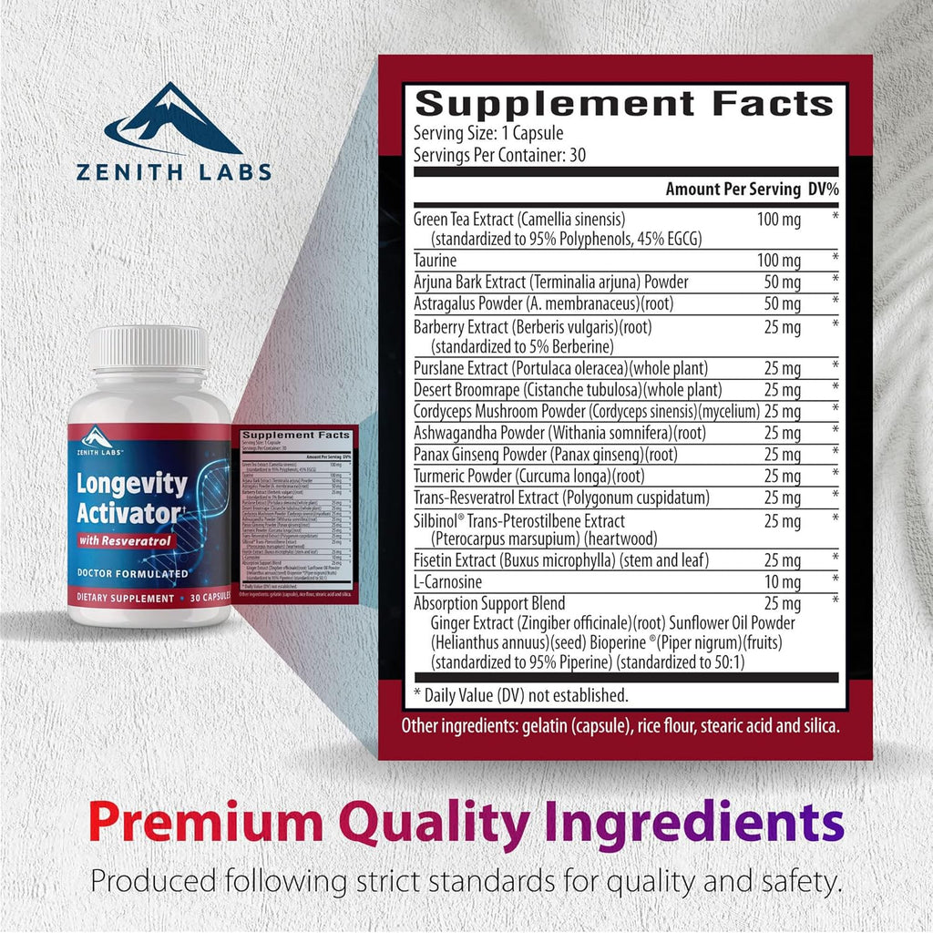 Zenith Labs Longevity Activator Anti-Aging Supplement Dietary Supplement, Natural Antioxidants with Resveratrol - Supports Immune Function and Healthy Memory
