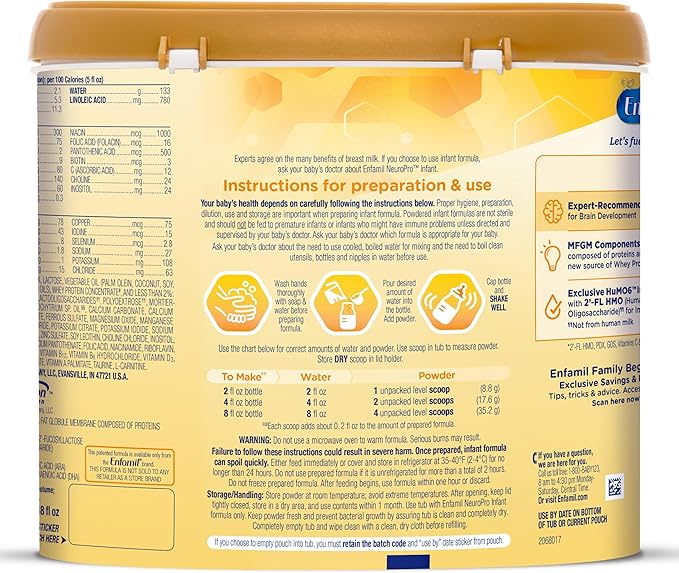 Enfamil NeuroPro Baby Formula, Triple Prebiotic Immune Blend with 2'FL HMO & Expert Recommended Omega-3 DHA, Inspired by Breast Milk, Non-GMO, Reusable Tub, 20.7 Oz (Packaging May Vary)