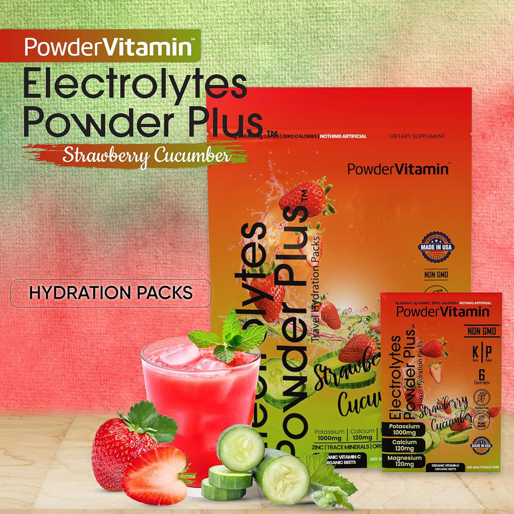 PowerVitamin Electrolytes Powder Packets - Strawberry Cucumber - Keto Electrolytes for Daily Energy - Hydration Powder with 1000mg Potassium, 120mg Magnesium, Zero Calories - 30 Hydration Packets