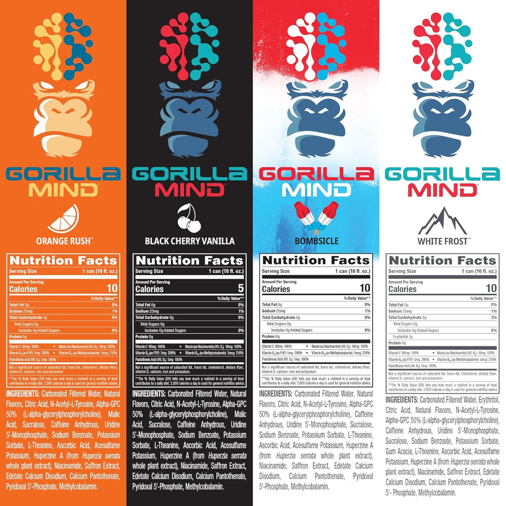 Gorilla Mind Energy Drink | Unmatched Energy · Amplified Focus | N-Acetyl-L-Tyrosine, Alpha-GPC, 200mg Caffeine, Uridine, Saffron | 0 Sugar Or Artificial Colors | 16oz | 12-Pack (Variety Pack #2)