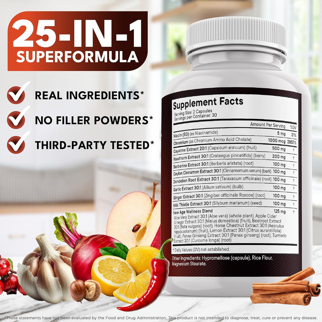 Cayenne Pepper Capsules Supplement with Hawthorn Berry, Dandelion Root, Ceylon Cinnamon, Garlic, Ginger, ACV, Milk Thistle, Beet Root, Aloe Vera - 120 Count
