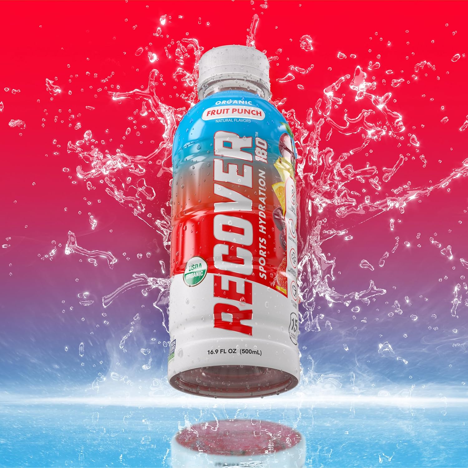 RECOVER 180 Organic Sports Hydration Drink, No Sugar Added, 20 Calorie Sports Beverage, Organic Flavors With Vitamins, Potassium-Packed Electrolytes (16.9 Fl Oz (Pack of 12), Fruit Punch)