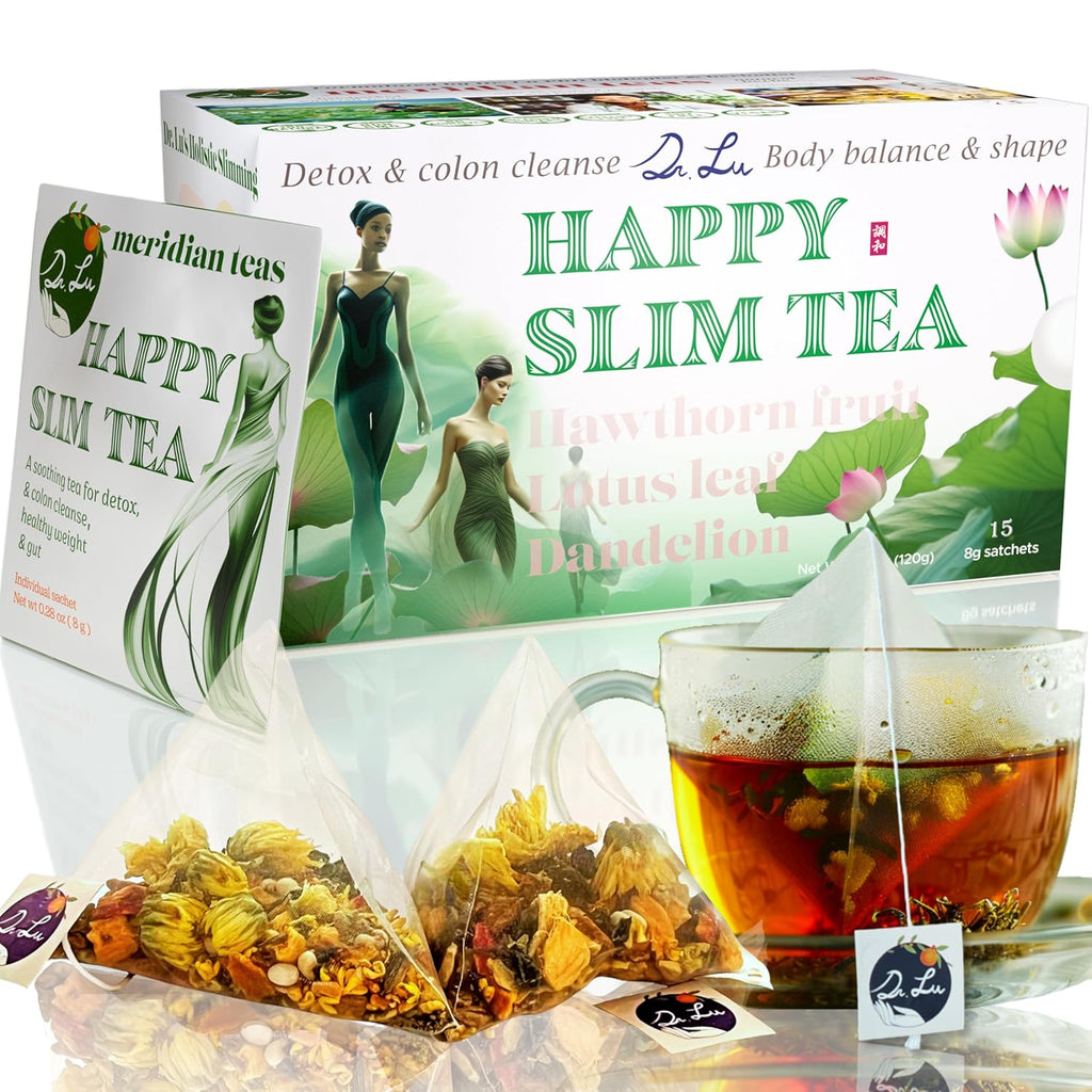 Dr. Lu’s Happy Slim Tea | 100% Natural Detox Tea for Body Balance & Shape | Colon Cleanse tea for Bloating & Digestion | 11 Inno-Cleanse Herbs incl. Hawthorn, Lotus Leaf, Burdock, Dandelion | Laxative-Free