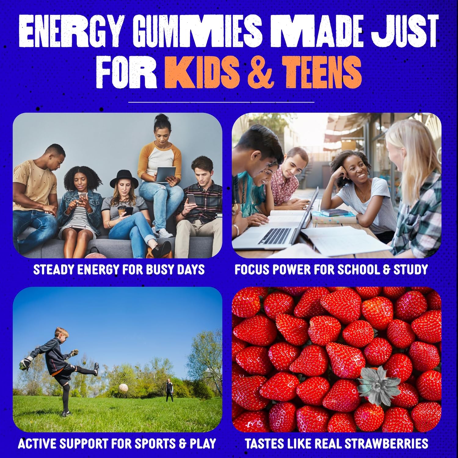 SAM+LEO Energy Gummies – Caffeine-Free B-Complex with Biotin – Daily Vegan Energy Support for Kids, Teens & Young Adults – Strawberry Flavor, 60 Gummies