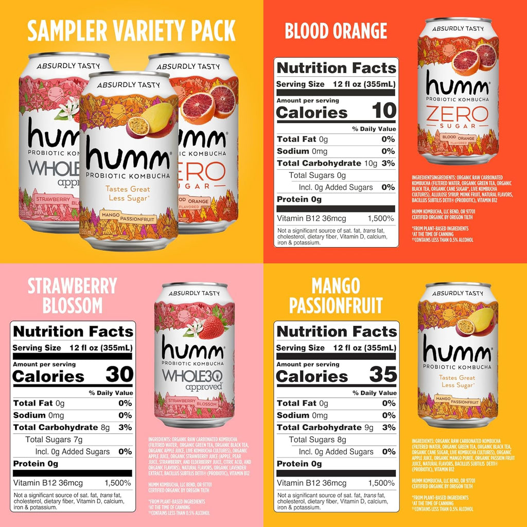 Humm Kombucha Sampler Pack, Includes Original Mango Passionfruit Kombucha, Zero Sugar Blood Orange, Whole30 Approved Strawberry Blossom (Pack of 12)