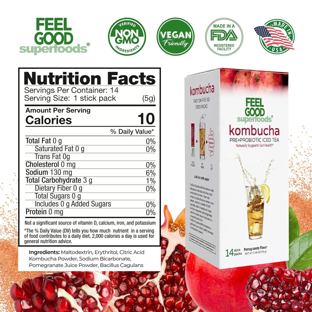 FeelGood Superfoods Kombucha Iced Tea Packets, Delicious Pomegranate Flavored Refreshing Instant Kombucha Powder Fizzy Drink, Probiotic Supplement for Gut Health, 14 pack