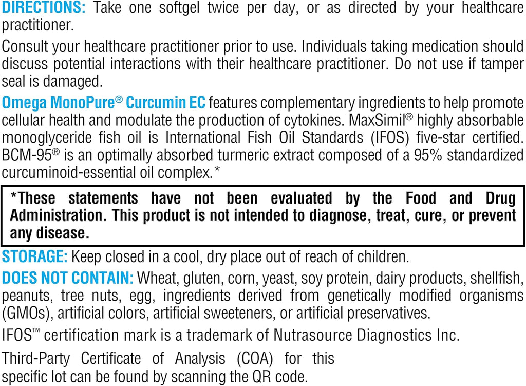 XYMOGEN Omega MonoPure Curcumin EC - Fish Oil with Enhanced DHA EPA Absorption + Turmeric Extract - Omega-3 Supplement for Cytokine Balance Support (30 Softgels)