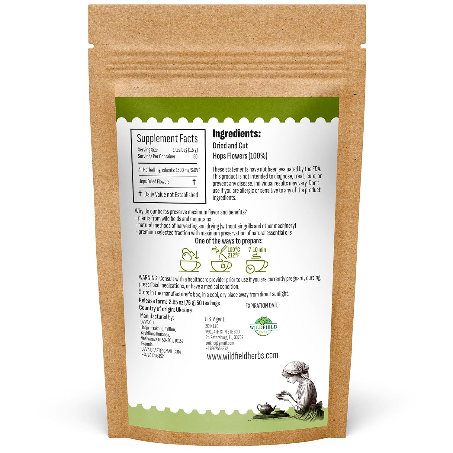50 Bags Hop Tea Hops Herb Dried Hops Flowers Herbal Tea (Humulus Lupulus) - 50 Count 1.5g Bags Hoptea Lupulo Entero