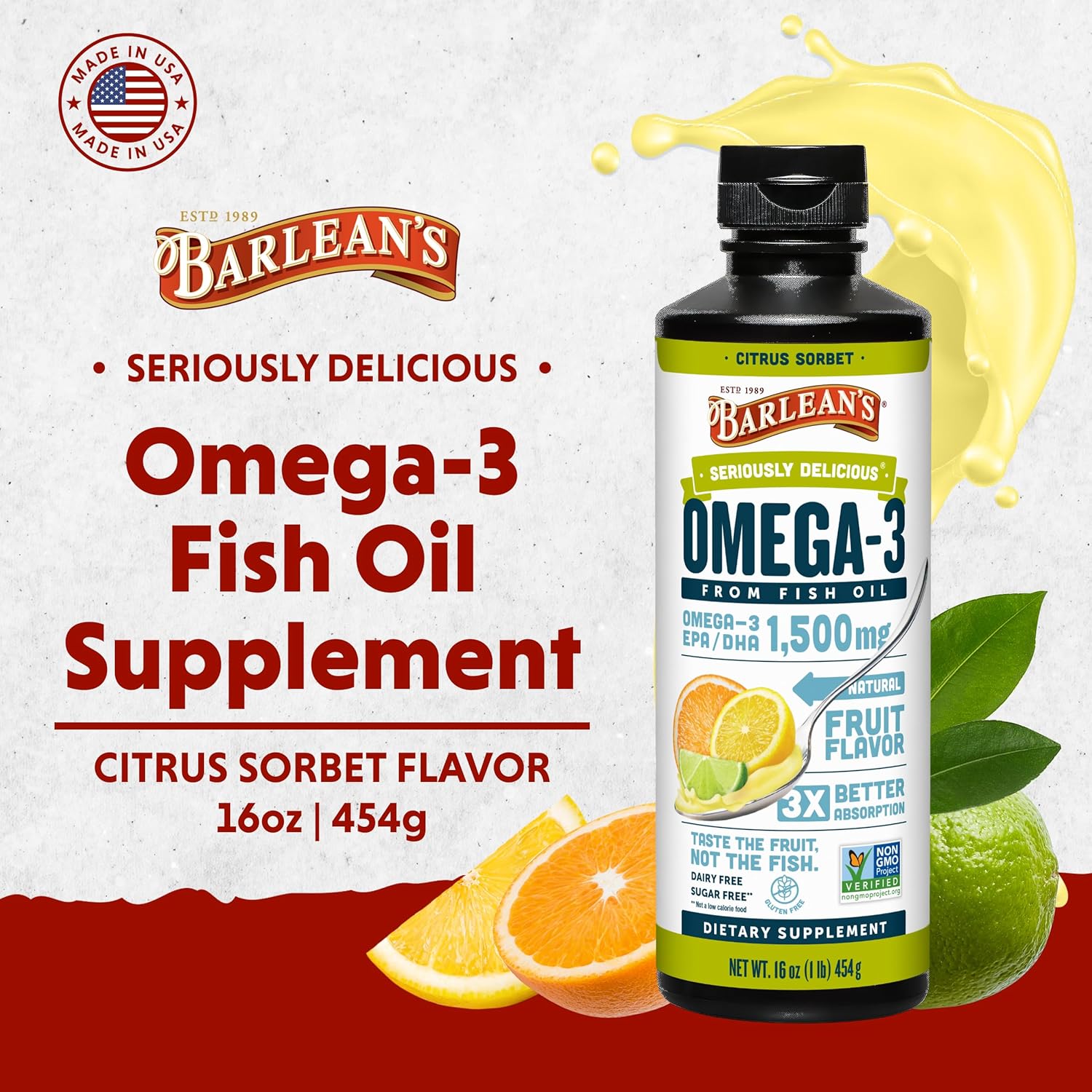 Barlean's Citrus Sorbet High Potency Omega 3 Fish Oil Liquid Supplement, 1500mg of EPA & DHA Fatty Acid, Smoothie Flavored & Burpless for Brain, Joint, & Heart Health, 16 oz