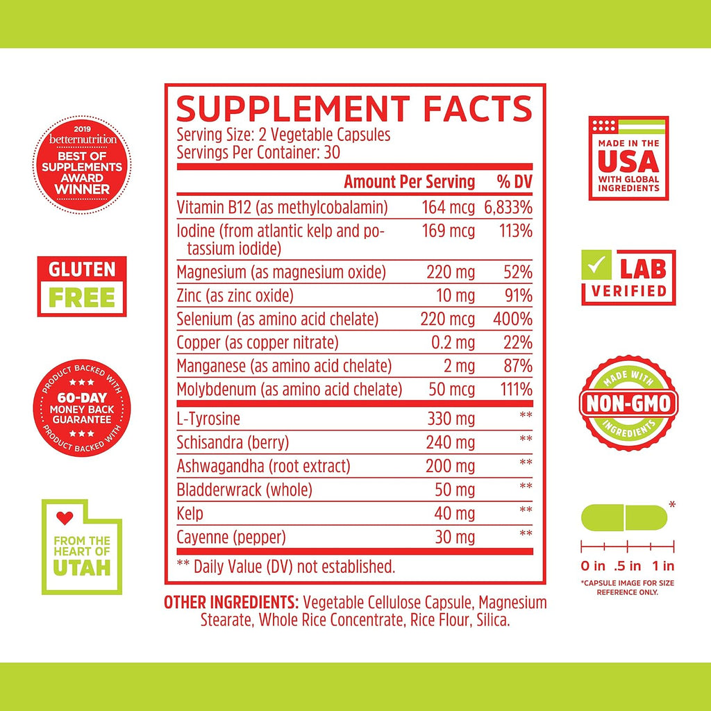 Zhou Thyroid Support - Thyroid Supplement for Women & Men with Zinc, Iodine, & Selenium, Metabolic Health Thyroid Complex with Ashwagandha, Kelp - 60 Veggie Capsules (Pack of 1)