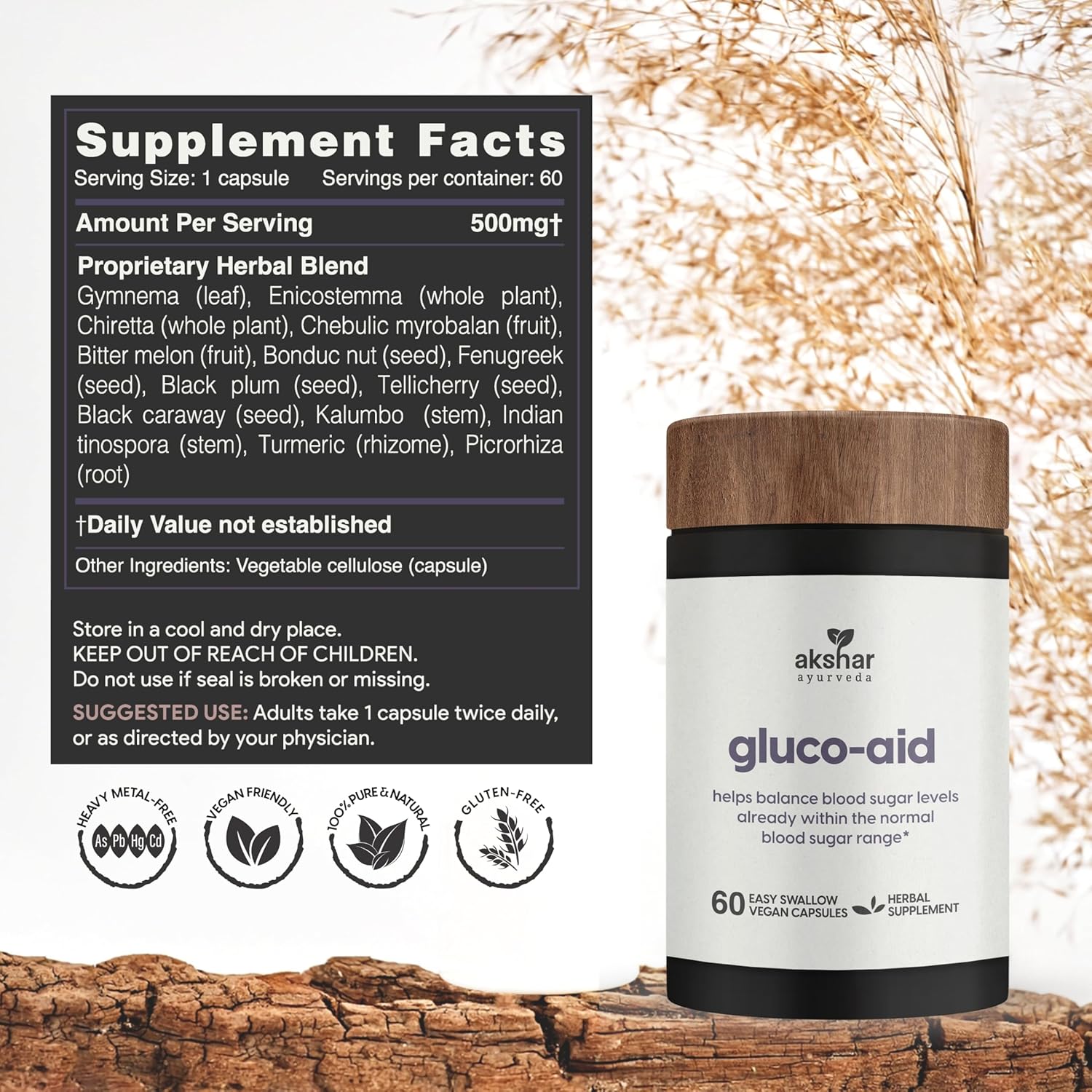 AKSHAR Ayurveda Gluco Support Supplement with Gymnema, Bitter Melon, Turmeric & More, Supports Healthy Levels(60 Capsules)