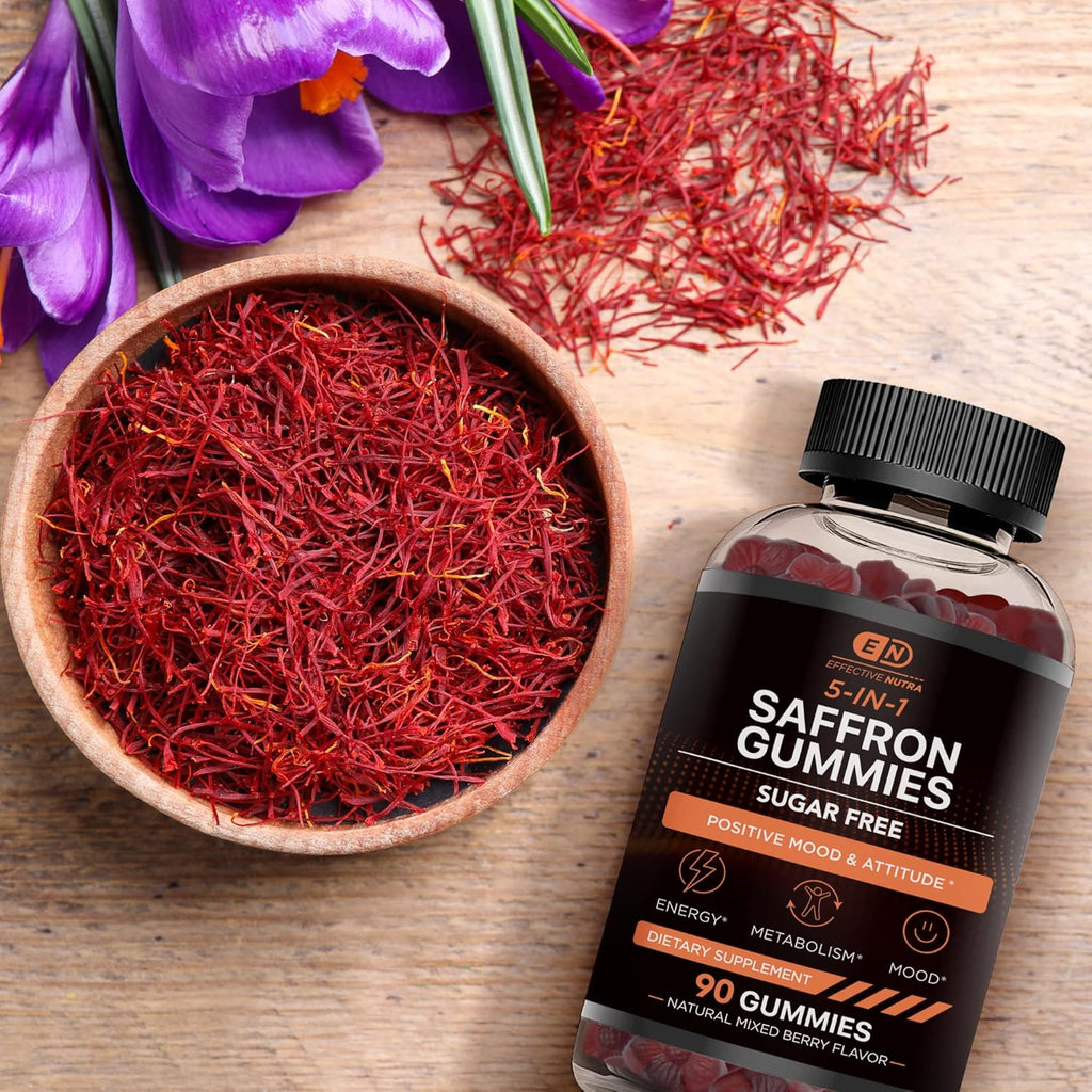 Saffron Gummies | Sugar-Free Supplement with Vitamin D2, Passion Flower, St. John’s Wort & GABA | Positive Mood, Digestion, Energy | Natural Berry Flavor, Made in USA (90 Count)